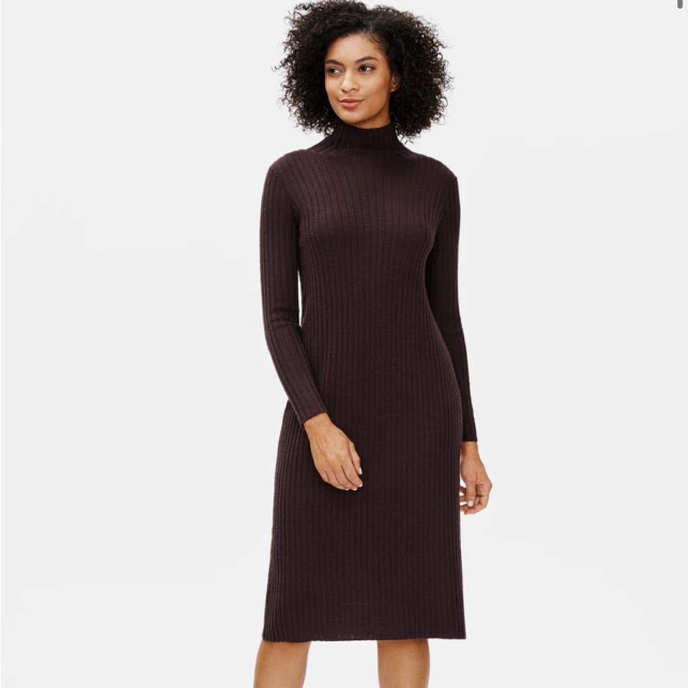 Eileen Fisher Merino Scrunch Neck Dress in Regenerative Wool Purple Size L